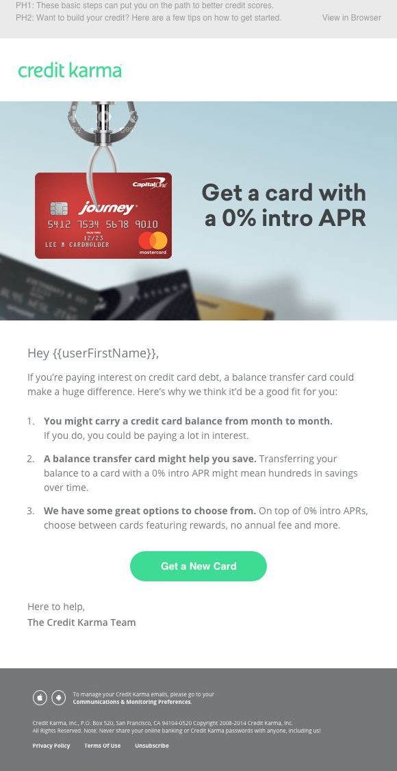 Balance Transfer email: 0% intro APR