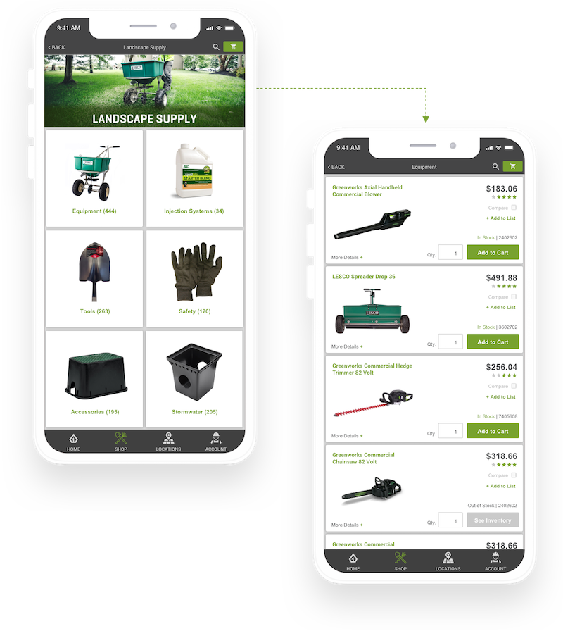 Shop screen with a product list beside category tiles